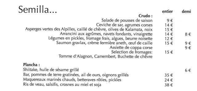 Extrait de la carte de Semilla (Paris) : les plats sont proposés dans différentes tailes, entier ou demi, avec des tarifs adaptés.