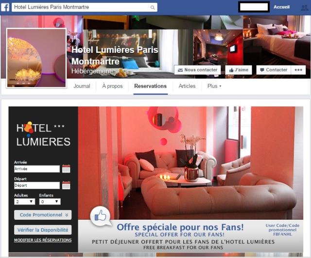 L'hôtel Lumières Paris Montmartre dispose de son module de réservation Facebook