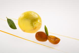 Citron de Menton délicatement cassant, sorbet citrus bergamote et kumquat du Japon du Mas Bachès,...