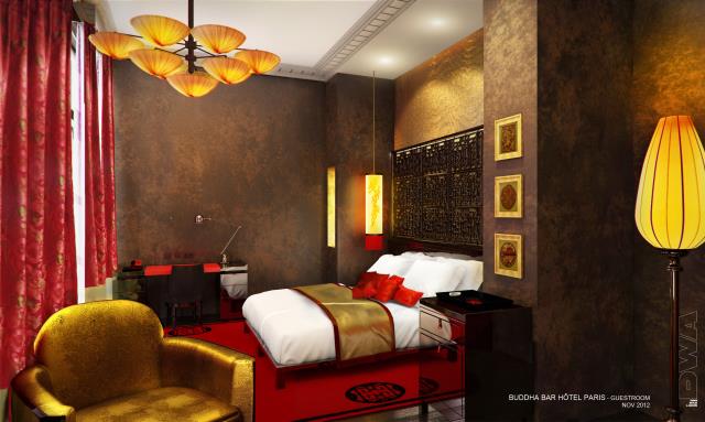 Les couleurs rouge vermillon, jaune d'or et déclinaison d'orangés à tous les étages évoquent la Grande Chine.