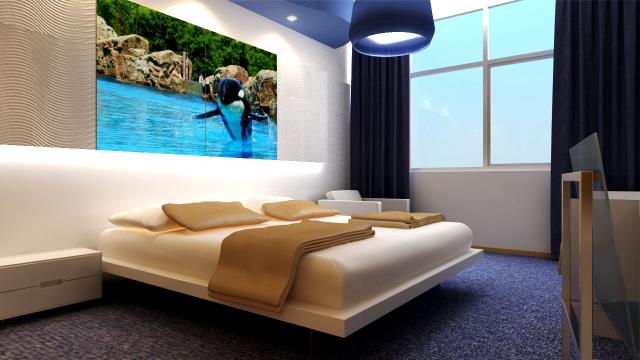 Modélisation d'une chambre du futur hôtel 3 étoiles du Marineland d'Antibes.