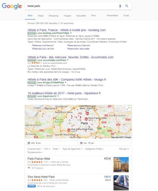 Résultats pour une recherche 'Hotel Paris' - une visibilité plus grande pour le payant