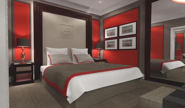 Composées dans un style presque gustavien, toutes les chambres seront bicolores. Ici le rouge corail domine.