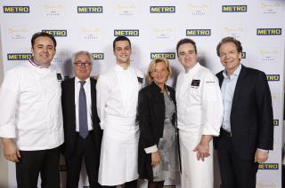 Romuald Fassenet, Didier Chenet, président GNI – Synhorcat, Louis de Vicari, Marie-Odile Fondeur, directrice générale du Sirha, Matthieu Otto et Benoît Feytit, directeur général Metro Cash and Carry France.