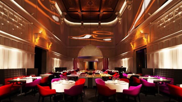 Le soir venu, la salle du restaurant -baptisé L'Assise- se pare d'un élégant jeu de lumières et d'images vidéo, inspirées par l'univers de Jules Verne, né à Nantes en 1828.
