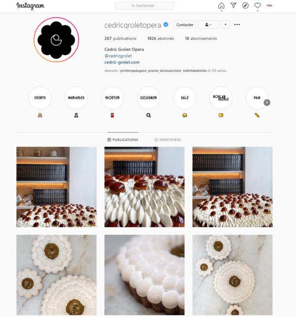Plus de 70% des chefs français ont un compte Instagram pour leur établissement. Ici, celui de la pâtisserie de Cédric Grolet, qui affiche 181 000 'followers'.