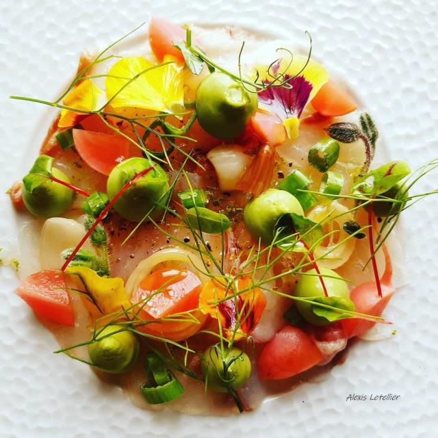 Carpaccio de Bar, crémeux d'avocat, pickles de radis et baies de Ma Kahen