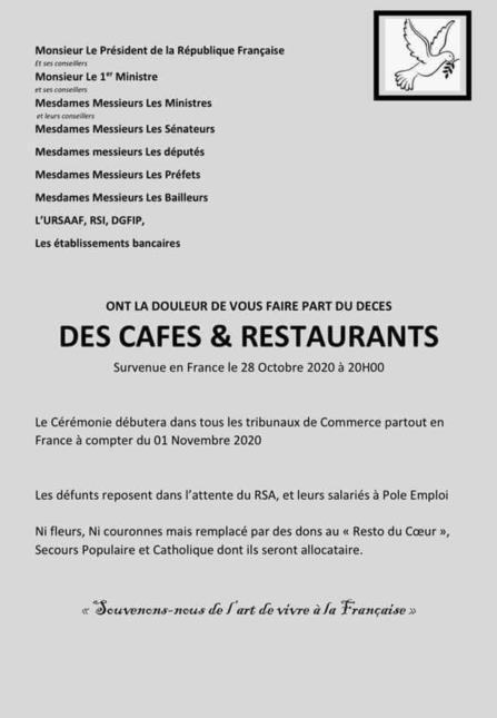 Avis de décès de la restauration envoyé au Président de la République.
