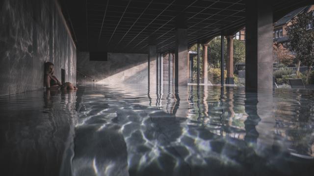 Le SPA propose une piscine de 18 mčtres de long avec baie vitrée ouverte sur le jardin.
