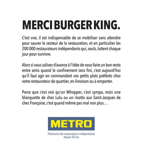 La publicité payée par Métro France pour appeler les consommateurs à soutenir le secteur de la restauration.