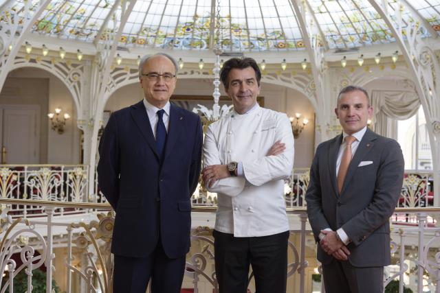 Jean-Luc Biamonti, Président Délégué SBM,  Yannick Alleno et Louis Starck, Directeur Général Hotel Hermitage.