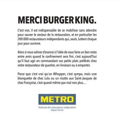 La publicité payée par Métro France pour appeler les consommateurs à soutenir le secteur de la...