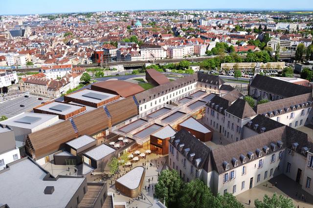 Les plans de projection en 2D présentant ce que devrait être la future Cité de la Gastronomie de Dijon. A droite, les bâtiments anciens de l'Hôpital général. Devant, les nouvelles constructions.