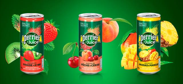 Nouveauté 2018 pour Perrier (Neslté Waters), la boisson Perrier & Juice allie bulles et jus de fruits.