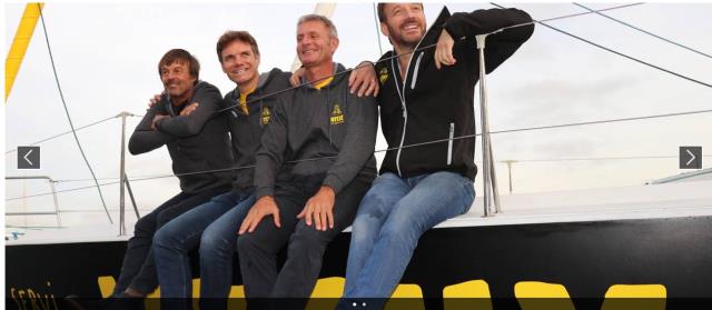 Nicolas Hulot, Yann Bucaille, Sidney Gavignet et Samuel Le Bihan, à Dinard sur le bateau Café Joyeux.