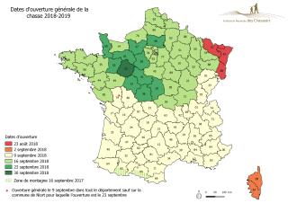 Carte des dates d'ouverture et fermeture de la chasse 2018-2019