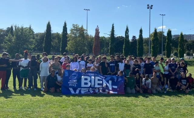 Les protagonistes sous la banderolle du club Tournefeuille Rugby,