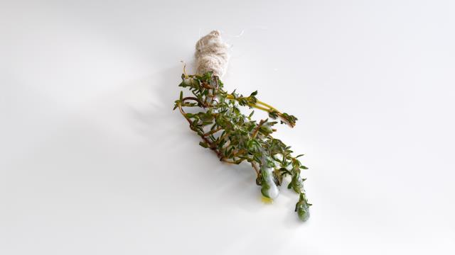 Bouquet : ciboulette et beurre, qui ressemble visuellement à une hostie géante puisque la ciboulette est compactée avec de la gélatine, tranchée finement, tartinée de beurre et parsemée de citron mariné.