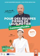 L'affiche 'Pour des équipes fières de leur métier - Cuisinons Plus Bio' avec Emilien Rouable, chef-patron de L'Inattendu à Villecresnes (94),