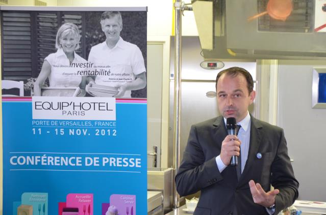 Yves Cébon de Lisle lors de la pérsentation des nouveautés cuisine de salon Equip'Hôtel, à l'Ecole Ferrandi, à Paris.