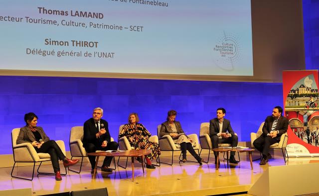 De gauche à droite : Cécile Debray (musée Picasso), Christophe Decloux (CRT Paris-Île-de-France),  Catherine Grenier (fondation Giacometti), Marie-Christine Labourdette (château de Fontainebleau), Thomas Lamand (SCET) et Simond Thirot (Union du tourisme d