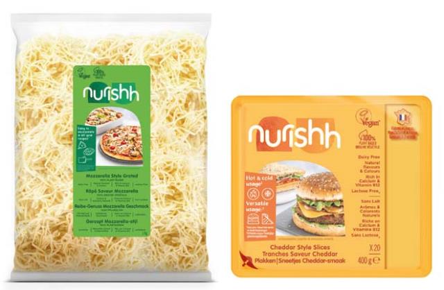 Nurishh®, marque 100 % végétale, propose des Tranches végétales saveur cheddar en barquette de 400 g et un Râpé végétal saveur Mozzarella.