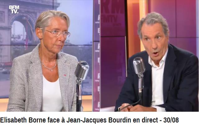 La ministre du travail Elisabeth Borne était l'invitée du journaliste Jean-Jacques Bourdin sur BFM TV, ce 30 août.