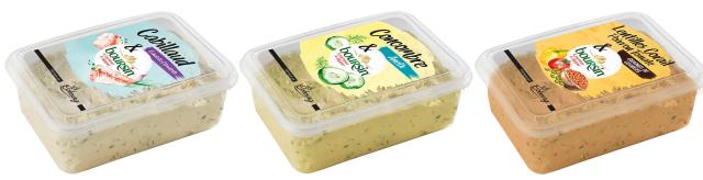 Boursin® à tartiner et à dipper : Cabillaud, échalotes et ciboulette / Concombre et aneth / Lentilles corail, poivron, tomate & graines de courge en barquette de 500 g.