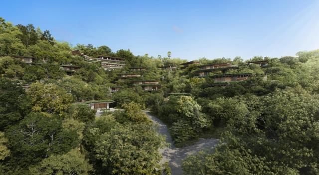 Vue aérienne du projet de futur boutique-hôtel Bulgari Resort de 58 chambres, à Los Angeles.