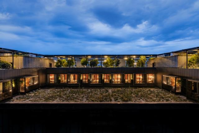 Une partie des chambres donnent sur le patio arboré de l'hôtel Madame Rêve.