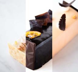 Trois bûches réalisées par Yannick Franques, chef de La Tour d'Argent : chocolat-orange ; poire-caramel ; citron-praliné.