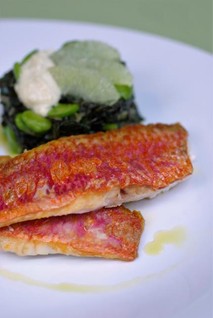 Filets de rouget, timbale de verdure au citron vert et tarama.