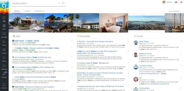 En recherchant un hôtel à Toulon sur le moteur français Qwant, aucun hôtel n'apparait en direct