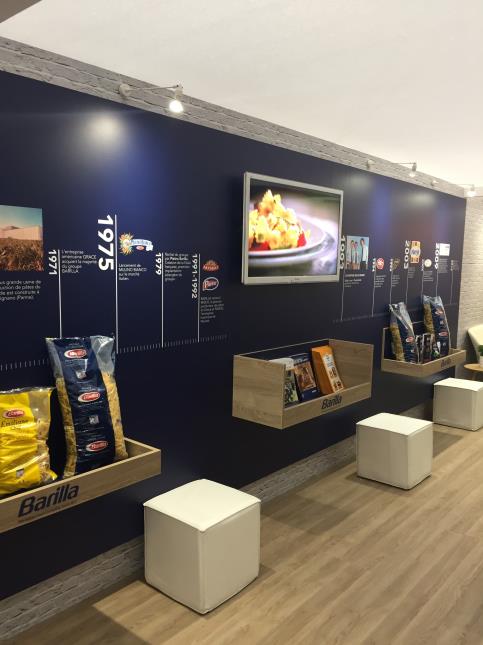 Le stand Barilla. La marque affiche son esprit Good for you good for the planet. Dans le hall 3, allée D, stand 107, avec Harrys.