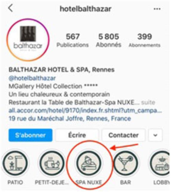 Sur instagram, les stories à la une vous permettent de décliner les différents services de votre établissement, dont le spa.