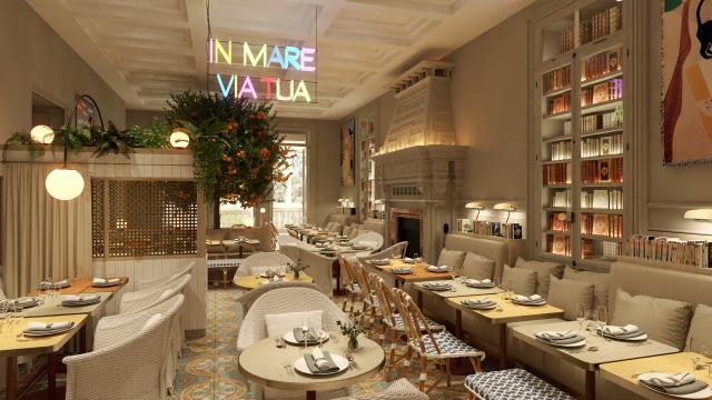 Le restaurant de l'hôtel Villa Camille. Le néon reprend la devise de la ville, 'In Mare Via Tua' : ta voie est sur la mer.