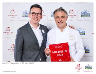 Pascal Peltier, directeur marketing et communication METRO France, avec Jérôme Banctel, nouveau 3 étoiles Michelin pour Le Gabriel à Paris.