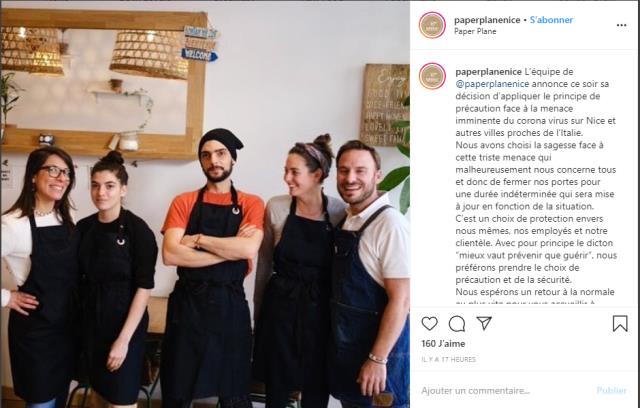 Capture d'écran du post du restaurant Paperplane sur Instagram.