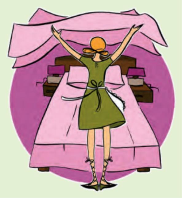 Pour réduire les déplacements autour du lit, la femme de chambre déplie les draps en un seul mouvement en étendant ses bras au-dessus des épaules.