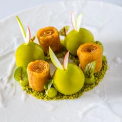 Foie gras de canard et anguille fumée, pomme et céleri confits en dix heures, gel de pomme acidulé.