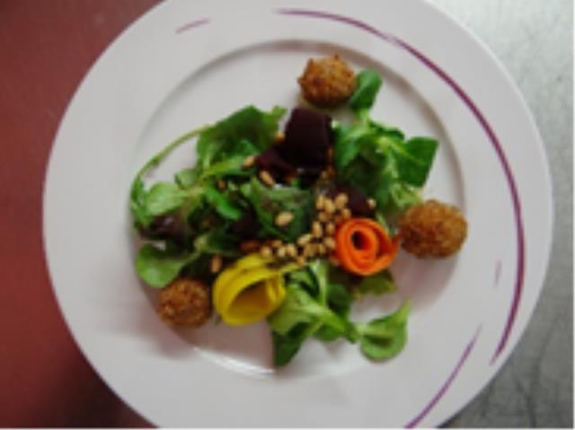 Salade d'herbes et cromesquis de Chèvre, Parmentier de Sanglier au Butternut