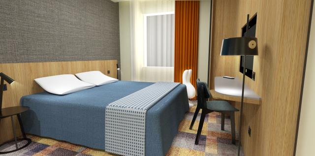 Vue en 3D de la future chambre supérieure, dont la décoration résolument moderniste tranche avec l'ancien établissement.