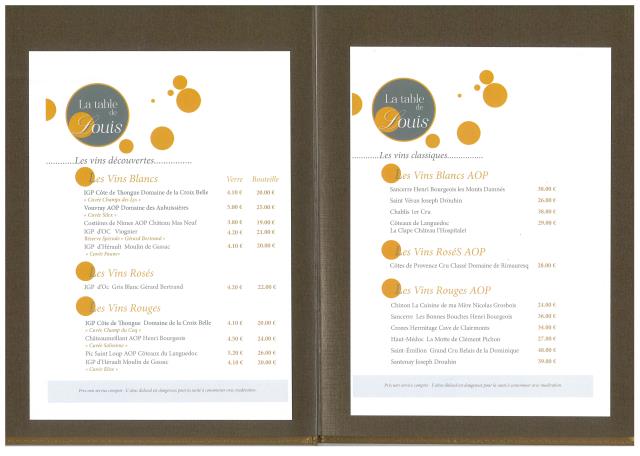 L'interieur de la carte des boissons de la Table de Louis.