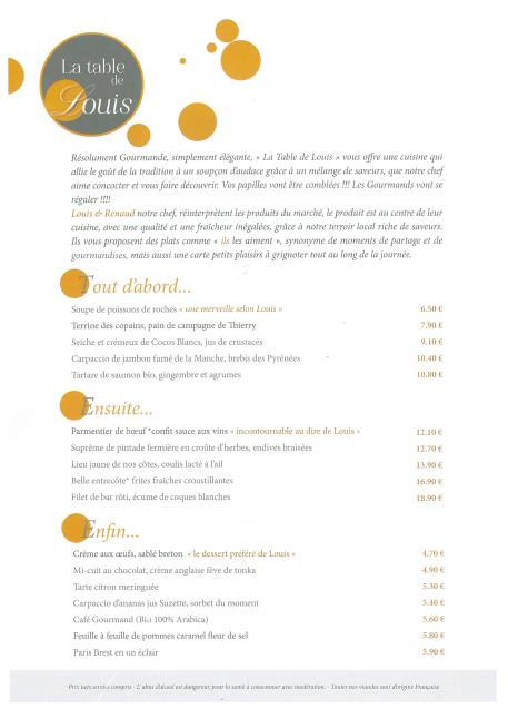 Le menu de la Table de Louis.