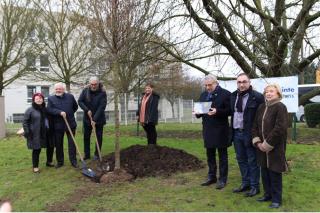 Plantation d'un lilas des Indes devant le CEFAA, en présence de Martine Valleton, Olivier...