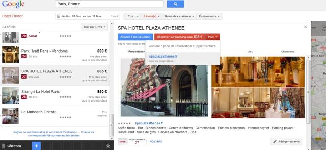 Fiche Google Hotel Finder du Plaza Athénée, Paris
