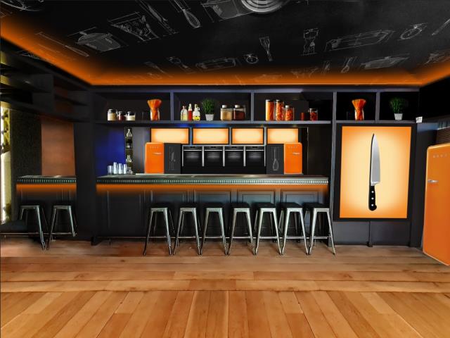 Le décor de ce premier Bistrot Top Chef s'applique à reproduire celui du plateau de l'émission