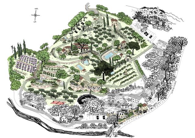 Le domaine de 3,5 hectares où sont disséminés les différents espaces d'hébergement et de restauration.  Calen,