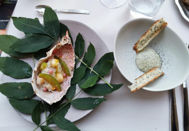 Araignée de mer et salade fermentée, huile d'agrumes, servi avec un bol de crème vegan et chips d'algues