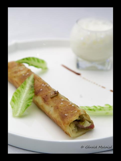 Cannelloni de salade au lard et sa Pomme, poire et pain d'épices de Benjamin Dellesalle.